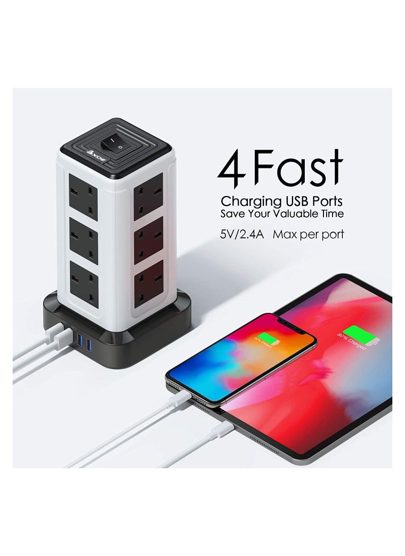 BXOE - Tower Extension cord with USB 3 Meter Vertical Tower Power Strip with 4 USB slots 3Meter copper wire Multiple Plug Extension cord Heavy Duty - Image 1