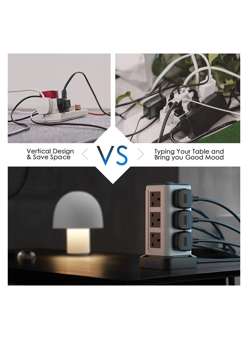 BXOE - Tower Extension cord with USB 3 Meter Vertical Tower Power Strip with 4 USB slots 3Meter copper wire Multiple Plug Extension cord Heavy Duty - Image 1