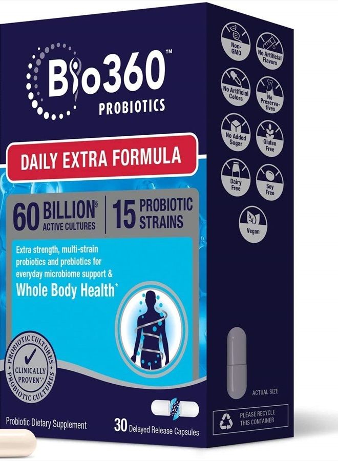 Bio360 Probiotic Daily Extra Formula, Vegan Prebiotics and Probiotics for Women & Men 60 Billion CFU 15 Strain, May Support Occasional Constipation, Diarrhea, Gas & Bloating, 30 Supplements - Image 1