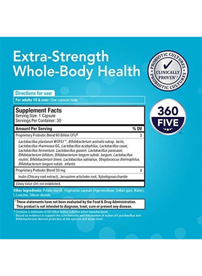 Bio360 Probiotic Daily Extra Formula, Vegan Prebiotics and Probiotics for Women & Men 60 Billion CFU 15 Strain, May Support Occasional Constipation, Diarrhea, Gas & Bloating, 30 Supplements - Image 2