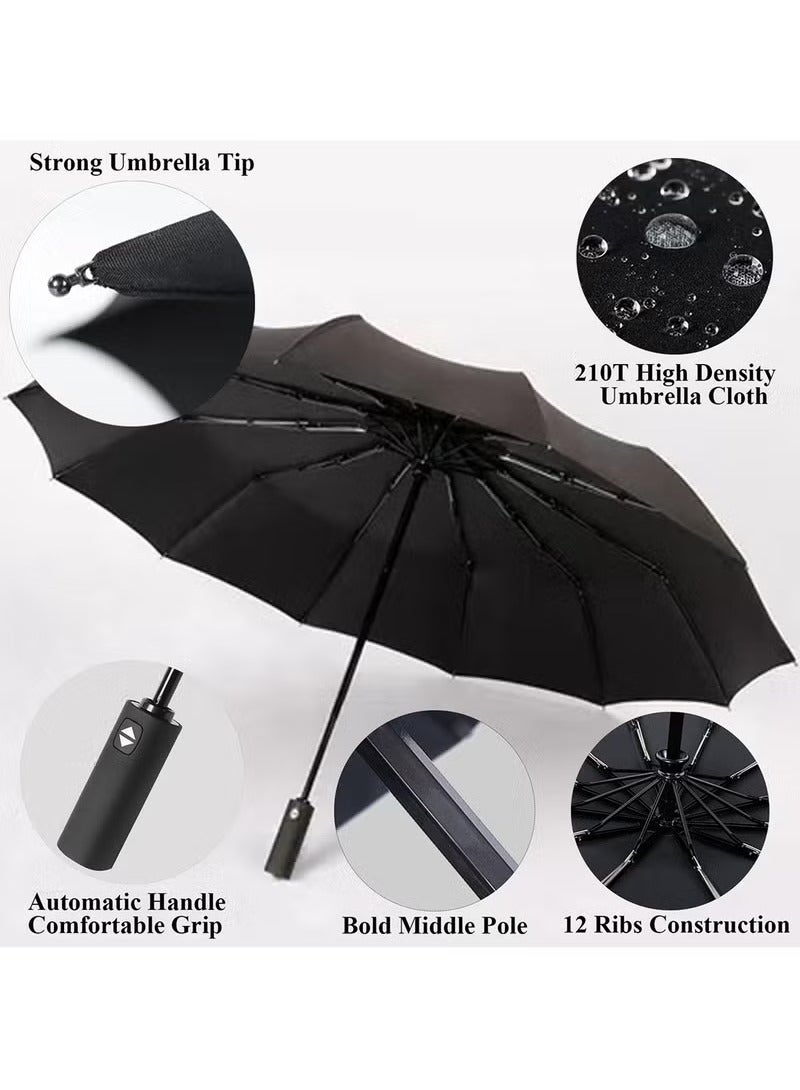 Generic Umbrella Windproof Travel Umbrella 12 Ribs Auto Open  Close Collapsible Folding Compact Umbrella for Backpack (Black)  - Image 3
