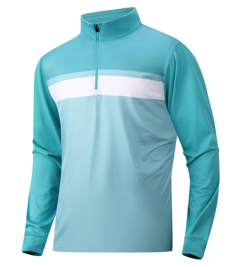 Alex Vando Mens Golf Shirts Long Sleeve Mock Neck Color Block Zipper Polo Shirt for Men,Turquoise,L - Image 1