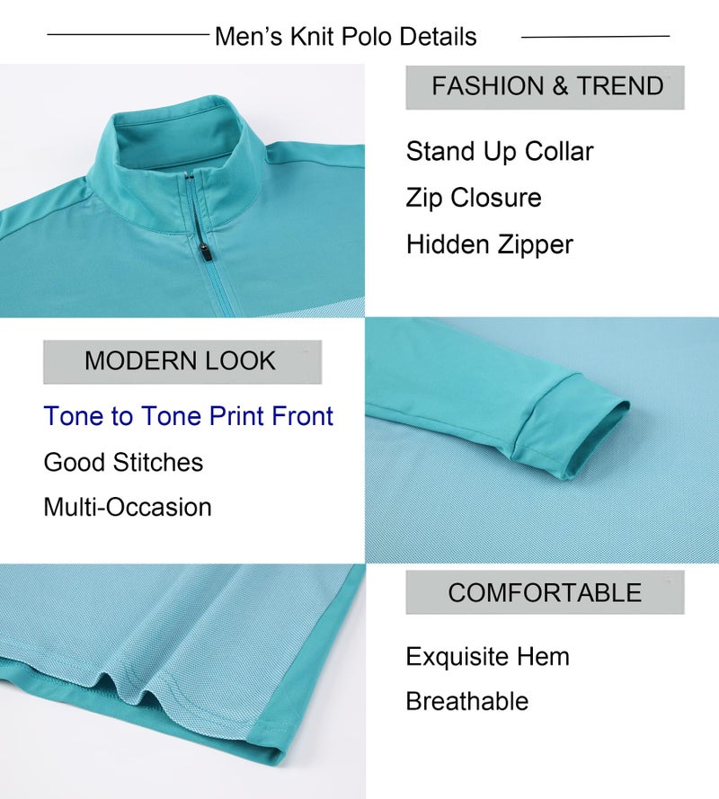 Alex Vando Mens Golf Shirts Long Sleeve Mock Neck Color Block Zipper Polo Shirt for Men,Turquoise,L - Image 5