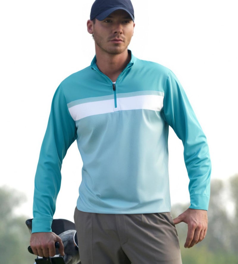 Alex Vando Mens Golf Shirts Long Sleeve Mock Neck Color Block Zipper Polo Shirt for Men,Turquoise,L - Image 2