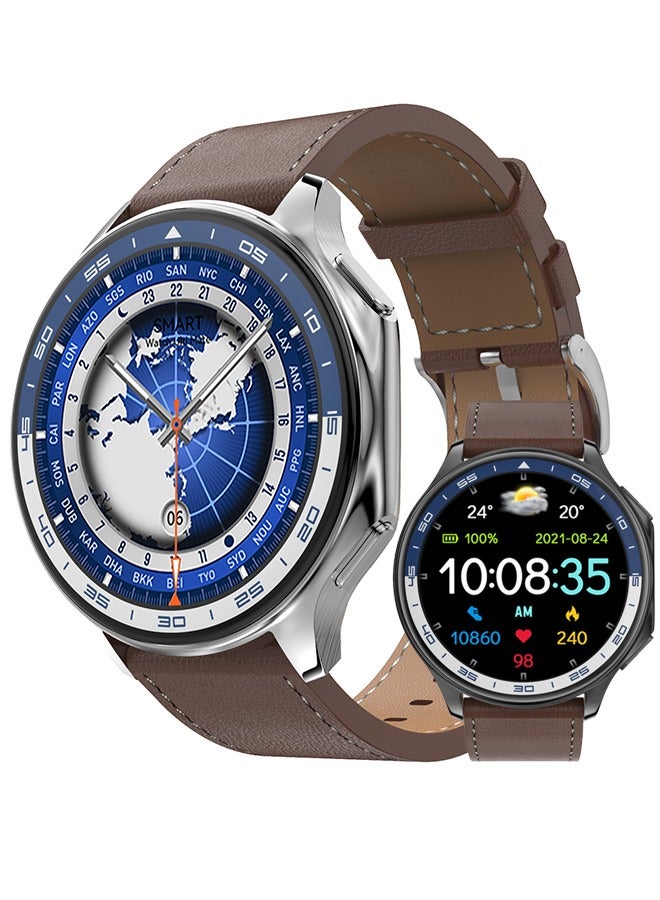 RollsTimi  Men's Exquisite Bluetooth Smartwatch, 1.43 Inch Full Screen Touch, Brown Leather Strap，Answering/Making Calls, Sports Sleep Heart Rate Monitoring, Universal For Android 4.4 And IOS 10.0 Systems, IP68 Waterproof RT-DT Watch X - Image 1
