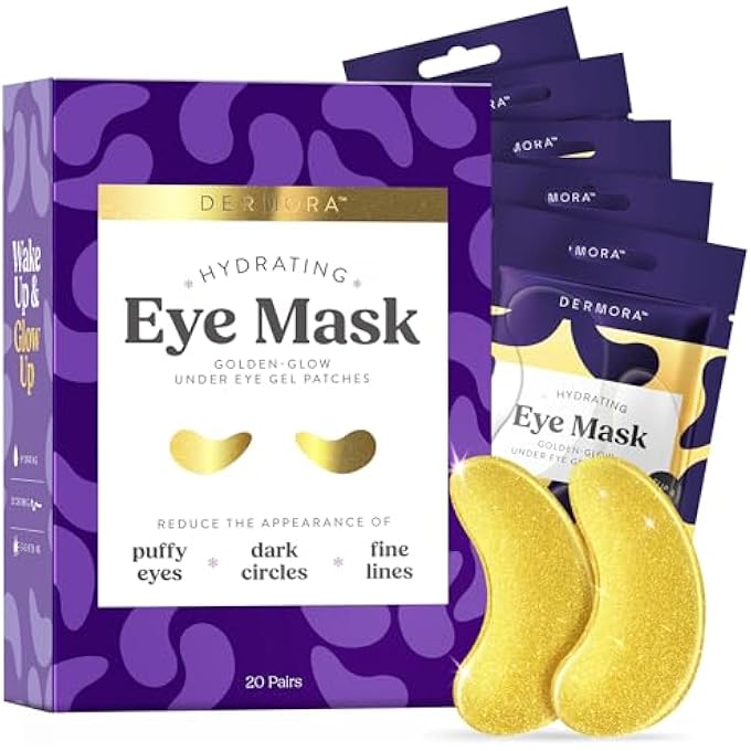 DERMORA Golden Glow Under Eye Patches | Rejuvenating Treatment | Dark Circles, Puffy Eyes, Refreshing, Revitalizing, Travel, Wrinkles | 20 Pairs Eye Gels - Image 1