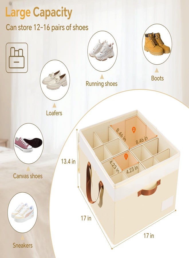 Criusia Shoe Organizer for Closet, 2 Pack Foldable Shoe Storage Organizer Box Bin with Adjustable Dividers and Clear Cover, Closet Shoe Storage for Sneakers Sandals Boots, Fit 16-32 Pairs, Beige - Image 4