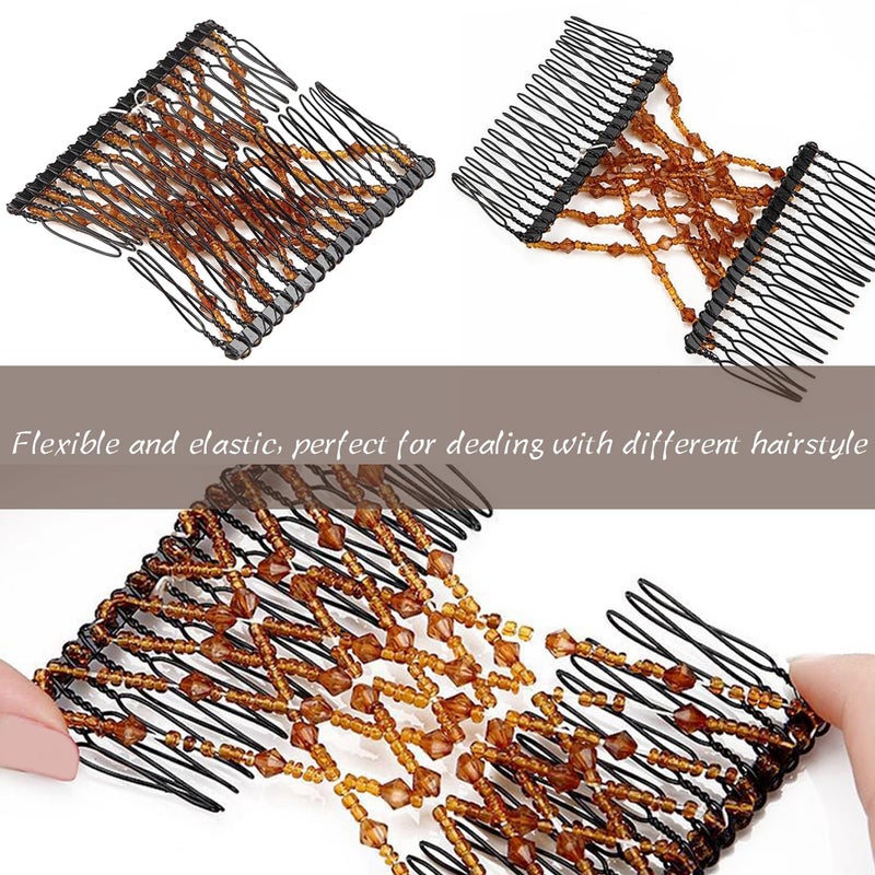 YOLLVKOT 5 Pieces Magic Hair Comb Stretchy Double Comb Elastic Beaded Hair Clips for Women Girls Vintage Hairstyle Multipurpose Hair Accessories (Black, Brown, White, Pink,Blue) - Image 4