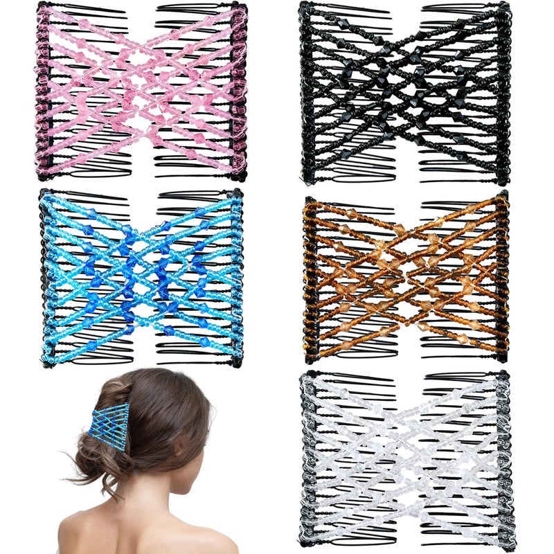 YOLLVKOT 5 Pieces Magic Hair Comb Stretchy Double Comb Elastic Beaded Hair Clips for Women Girls Vintage Hairstyle Multipurpose Hair Accessories (Black, Brown, White, Pink,Blue) - Image 1