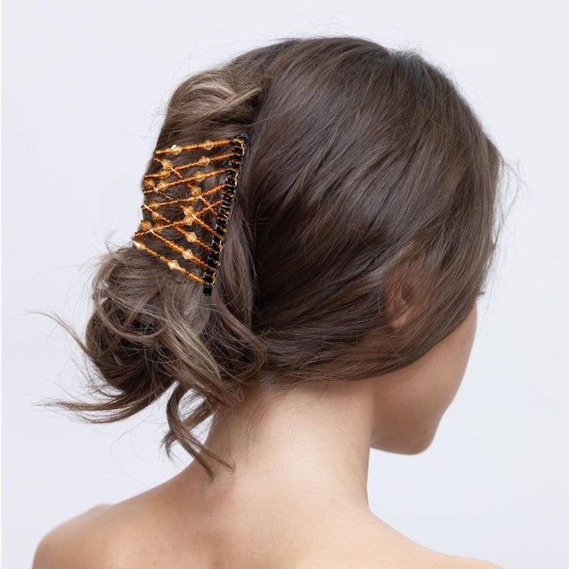 YOLLVKOT 5 Pieces Magic Hair Comb Stretchy Double Comb Elastic Beaded Hair Clips for Women Girls Vintage Hairstyle Multipurpose Hair Accessories (Black, Brown, White, Pink,Blue) - Image 5