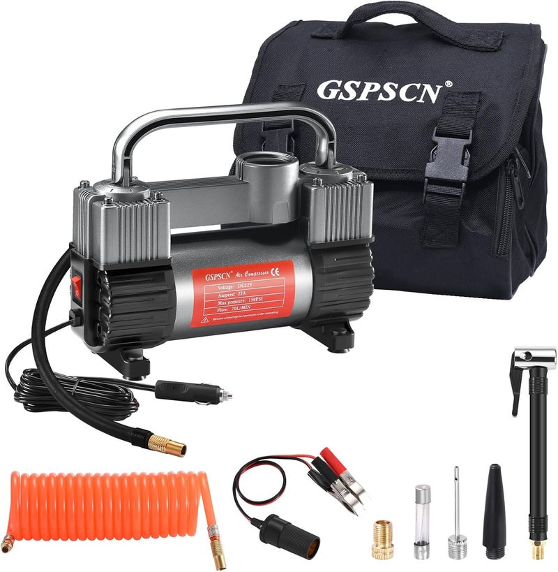GSPSCN 6X Faster Inflation Tire Inflator Heavy Duty Double Cylinders with Portable Bag- Car Accessories，Metal 12V Air Compressor Pump 150PSI with Adapter for Car, Truck, SUV Tires, Dinghy, Air Bed - Image 1