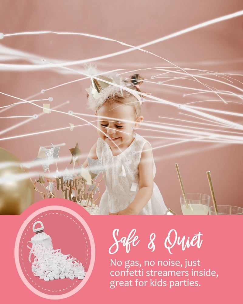 BATTIFE Streamers Poppers - Hand Throw Confetti Poppers, No Mess Paper Crackers for Birthday Wedding Party Celebrations, White, 16.4Ft/5M (10Pack) - Image 3