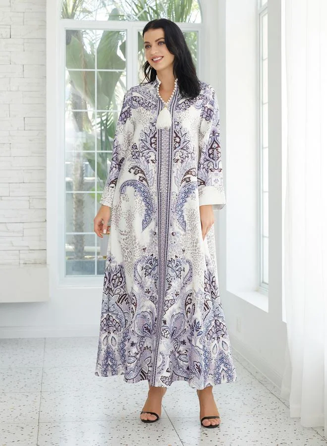 تايك تو جلابية مزينة بطبعة زهور ولؤلؤ صناعي وشراشيب