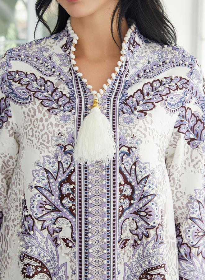 Take Two Floral Print Embellished Faux Pearl Tassel Jalabiya - Image 2