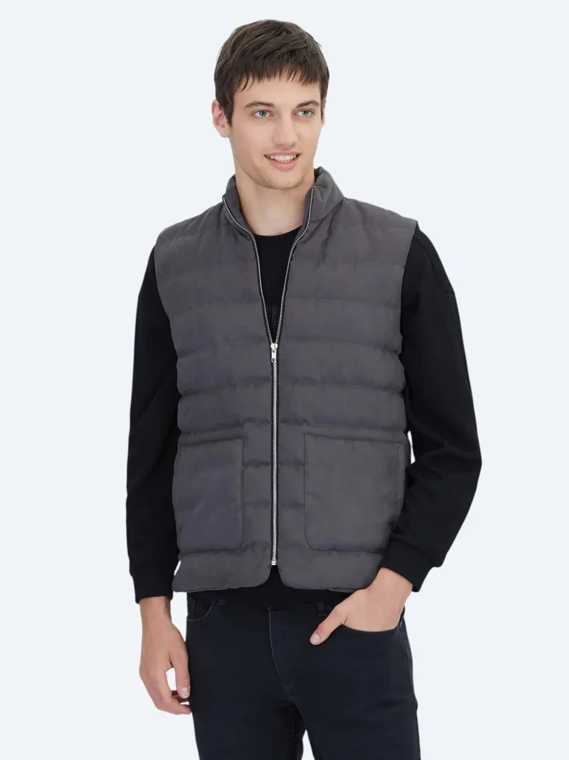 Kip Grey Regular Fit Turtleneck Casual Weaving Puffer Vest