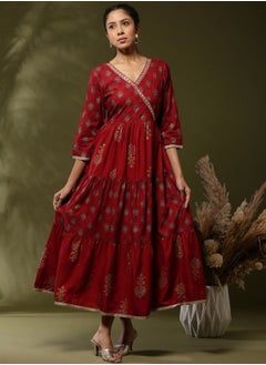 Abhishti Printed angrakha flare dress with sequin neck embroidery- red  - Image 1