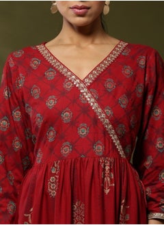 Abhishti Printed angrakha flare dress with sequin neck embroidery- red  - Image 2