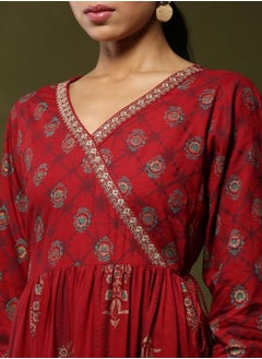 Abhishti Printed angrakha flare dress with sequin neck embroidery- red  - Image 3