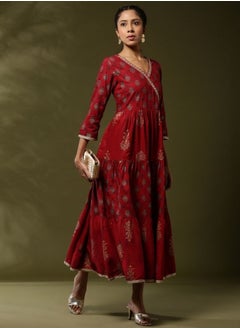 Abhishti Printed angrakha flare dress with sequin neck embroidery- red  - Image 5