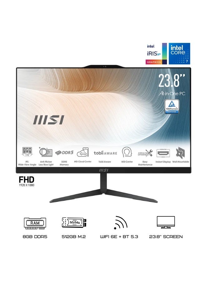 MSI Modern AM242M All-in-One Desktop PC, 23.8 Inch FHD IPS, Intel i7-1255U, 8GB DDR5 RAM, 512GB SSD, Intel® Iris® Xe Graphics, WiFi 6E, Internal FHD Webcam- DOS Black English Black - Image 1