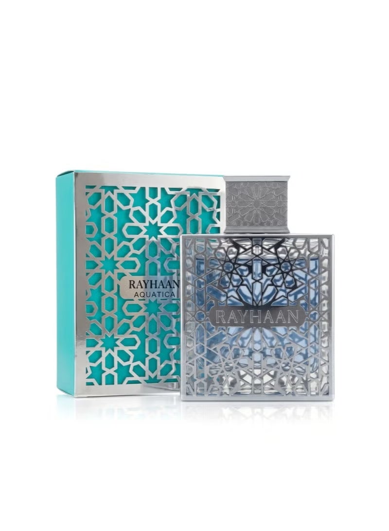 ريحان  عطر اكواتيكا او دي بارفان من ريهان 100 مل، عطر فاخر بتصميم هندسي اسلامي، زجاجة زجاجية سوداء وتركوازية، عطر شرق اوسطي - ريحان اكواتيكا او باردو فان 100 مل - عطر فاخر - Image 1