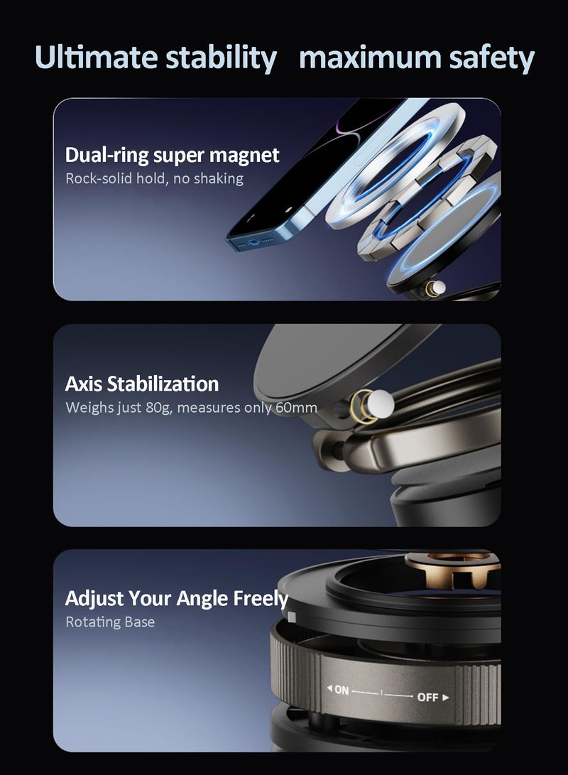 NOORA Vacuum Magnetic Car Phone Mount - 360° Rotating Foldable Dashboard Suction Cup Holder with N54 Strong Magnet, Universal Compatibility for Smartphones (Black) - Image 3