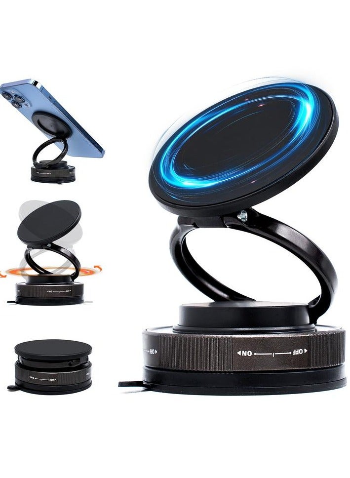 NOORA Vacuum Magnetic Car Phone Mount - 360° Rotating Foldable Dashboard Suction Cup Holder with N54 Strong Magnet, Universal Compatibility for Smartphones (Black) - Image 1
