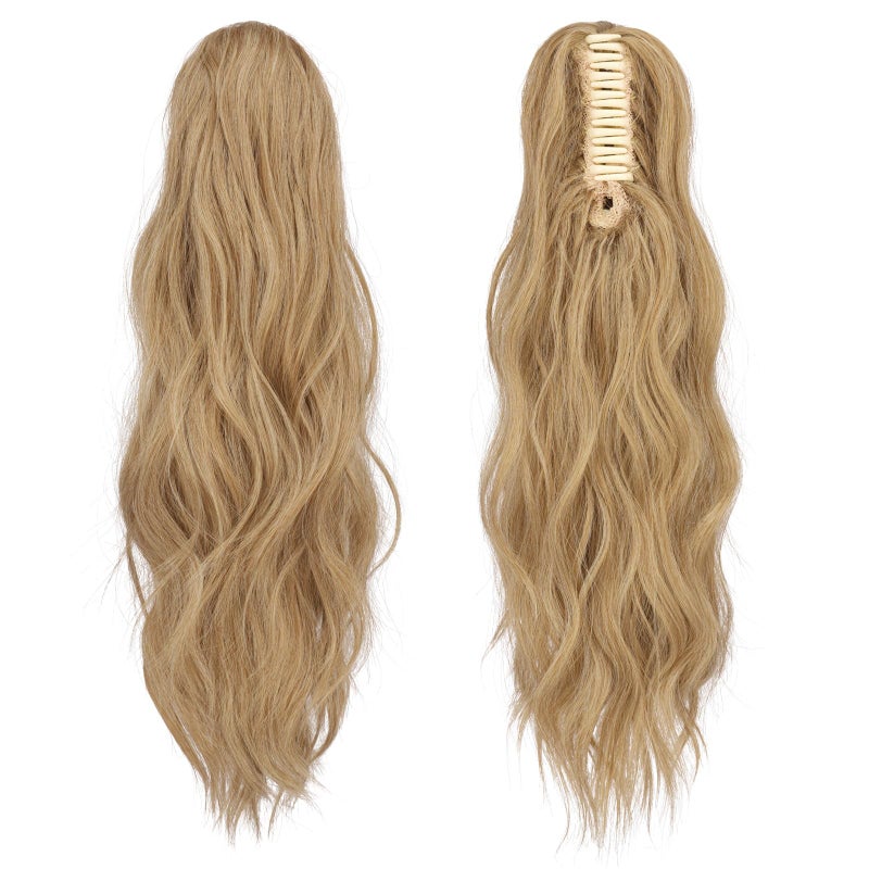FESHFEN Ponytail Extensions, Long Claw Clip in Ponytail Hairpiece Synthetic Pony Tails Hair Piece Natural Wavy Hairpieces for Women, 20 inch Blonde & Ash Blonde Mixed - Image 2
