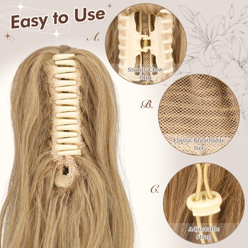 FESHFEN Ponytail Extensions, Long Claw Clip in Ponytail Hairpiece Synthetic Pony Tails Hair Piece Natural Wavy Hairpieces for Women, 20 inch Blonde & Ash Blonde Mixed - Image 3