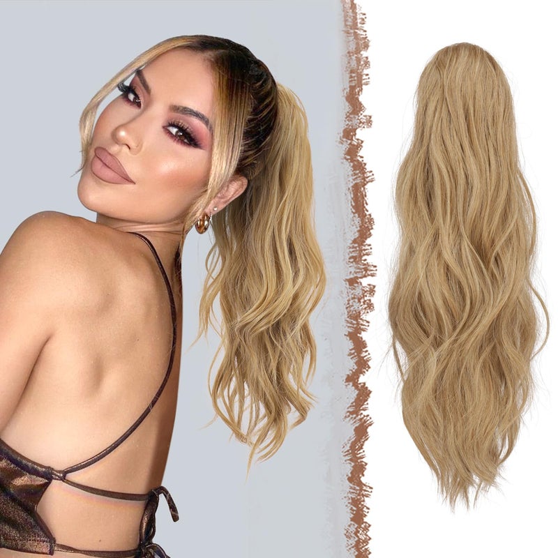 FESHFEN Ponytail Extensions, Long Claw Clip in Ponytail Hairpiece Synthetic Pony Tails Hair Piece Natural Wavy Hairpieces for Women, 20 inch Blonde & Ash Blonde Mixed - Image 1