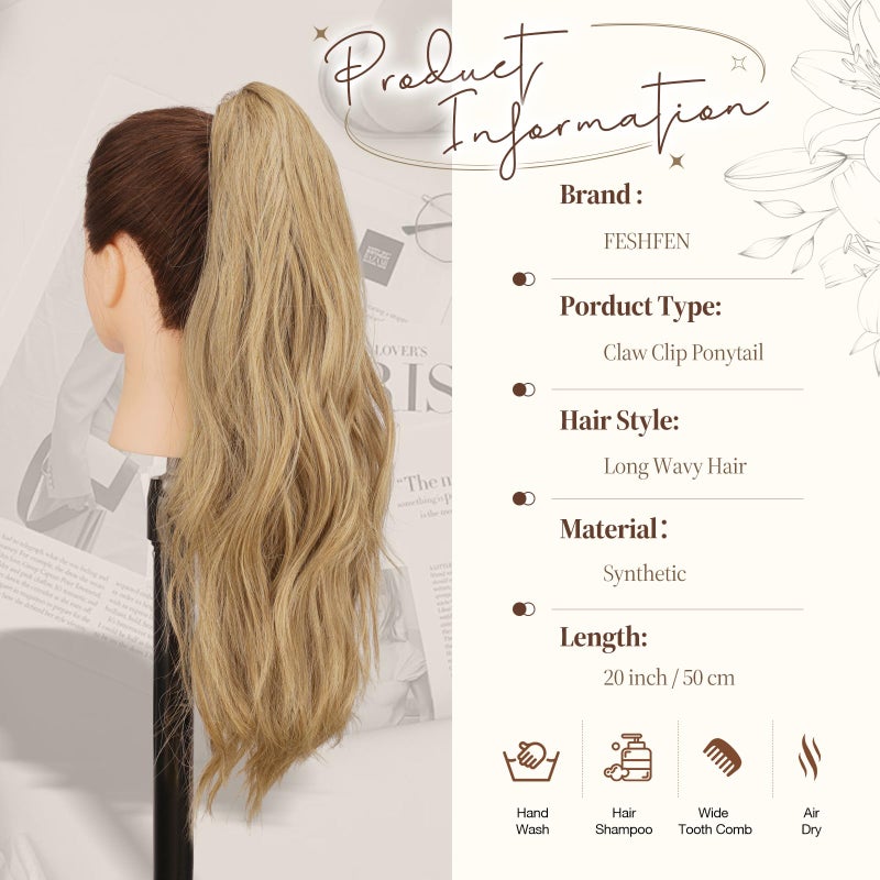 FESHFEN Ponytail Extensions, Long Claw Clip in Ponytail Hairpiece Synthetic Pony Tails Hair Piece Natural Wavy Hairpieces for Women, 20 inch Blonde & Ash Blonde Mixed - Image 5
