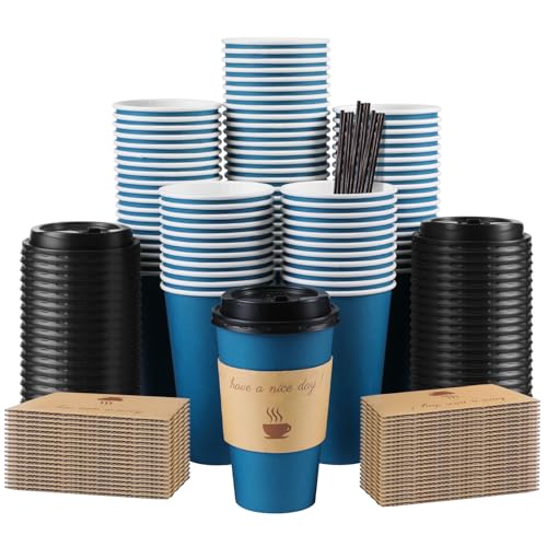 Clawsoff 100 Pack 16 oz Coffee Cups with Lids Disposable To Go Paper Coffee Cups with Sleeves and Stirring Sticks for HotCold Drinks Office Home Shop Event Navy