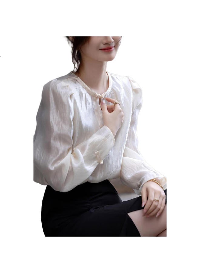 dme Female Editor】Spring Merad Shirt Glossy Lycra Bubble Sleeve Buttoned Shirt Women'S Top - Image 3