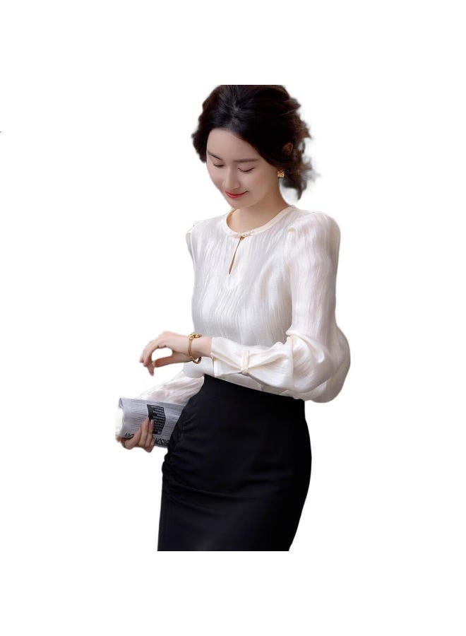 dme Female Editor】Spring Merad Shirt Glossy Lycra Bubble Sleeve Buttoned Shirt Women'S Top - Image 2