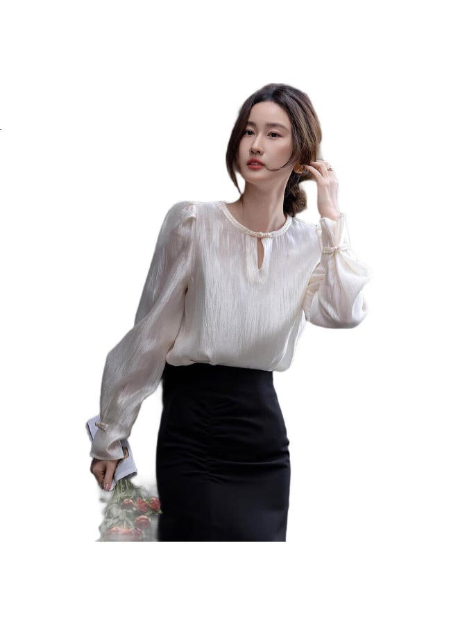 dme Female Editor】Spring Merad Shirt Glossy Lycra Bubble Sleeve Buttoned Shirt Women'S Top - Image 1