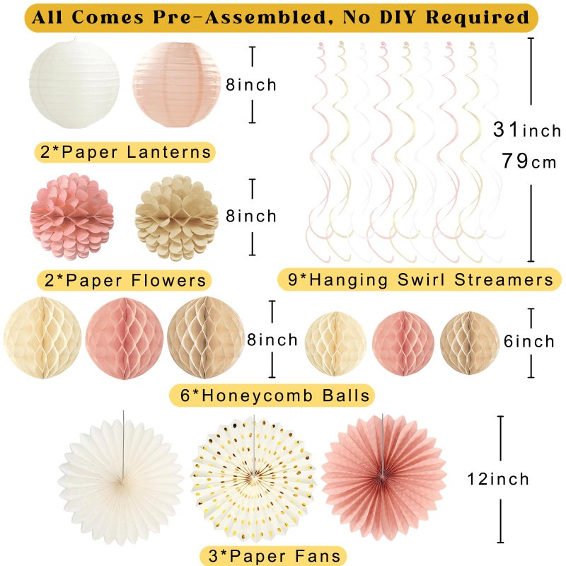 Aonor Boho Pink Happy Birthday Decorations, Pre-Strung Happy Birthday Banner with Honeycomb Balls, Paper Flowers, Lanterns, Fans, Hanging Swirls, Circle Dots Garland for Birthdays Party Decorations 24pcs - Image 3