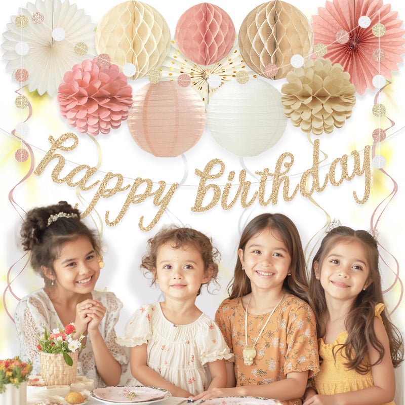 Aonor Boho Pink Happy Birthday Decorations, Pre-Strung Happy Birthday Banner with Honeycomb Balls, Paper Flowers, Lanterns, Fans, Hanging Swirls, Circle Dots Garland for Birthdays Party Decorations 24pcs - Image 5