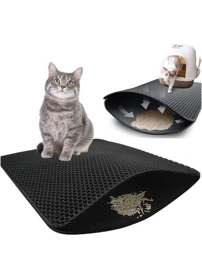 Pet Cat Litter Mat Double Layer Sand Cat Mats For Large Size Foldable Non-slip Waterproof Pet Bed Easy Clean Foldable Mats (Black) - Image 1