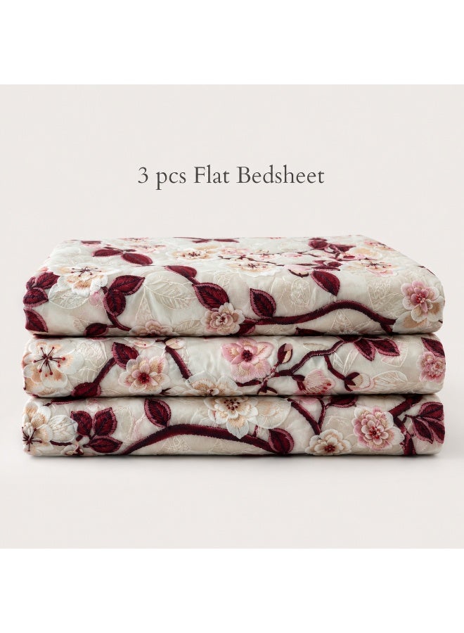 King Size Flat Bedsheet Set, 5D Digital Print, Cherry Blossom Floral Design, Cream - Image 5