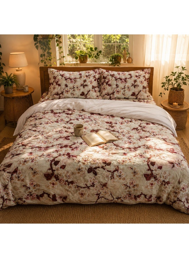 King Size Flat Bedsheet Set, 5D Digital Print, Cherry Blossom Floral Design, Cream - Image 3