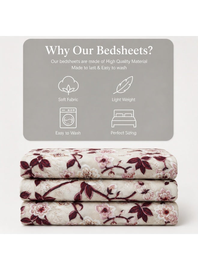 King Size Flat Bedsheet Set, 5D Digital Print, Cherry Blossom Floral Design, Cream - Image 4