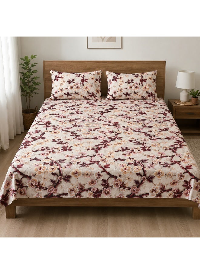King Size Flat Bedsheet Set, 5D Digital Print, Cherry Blossom Floral Design, Cream - Image 2