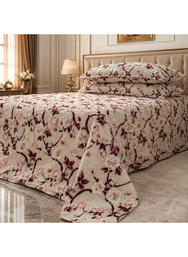 King Size Flat Bedsheet Set, 5D Digital Print, Cherry Blossom Floral Design, Cream - Image 1