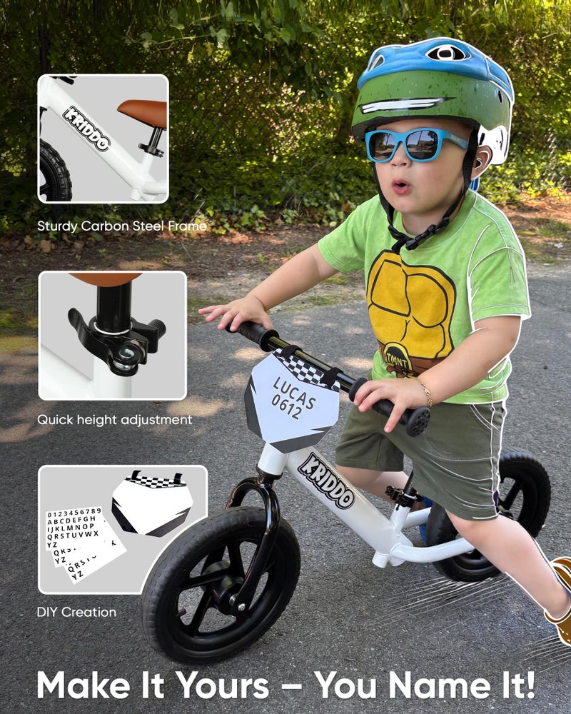 KRIDDO Toddler Balance Bike 2 Year Old, Age 24 Months to 5 Years Old, 12 Inch Push Bicycle with Customize Plate (3 Sets of Stickers Included), Gift Bike for 2-3 Boys Girls, White - Image 4