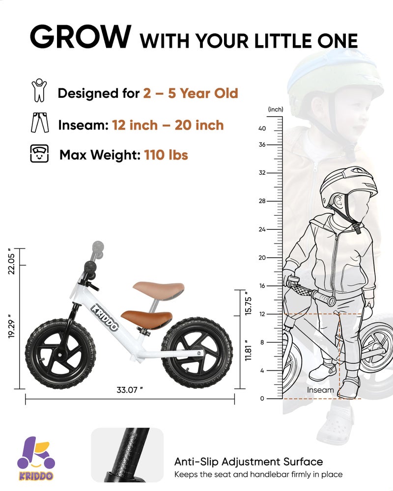 KRIDDO Toddler Balance Bike 2 Year Old, Age 24 Months to 5 Years Old, 12 Inch Push Bicycle with Customize Plate (3 Sets of Stickers Included), Gift Bike for 2-3 Boys Girls, White - Image 3
