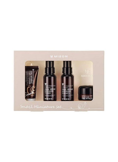 MIZON Snail Line Set, Korean Snail Skincare Essentials Set, Mini Sized Snail Foam Cleanser, Toner, Essence, and All in One Facial Cream to Improve Skin Tone, Fine Wrinkles, Smooth, Moisturize.