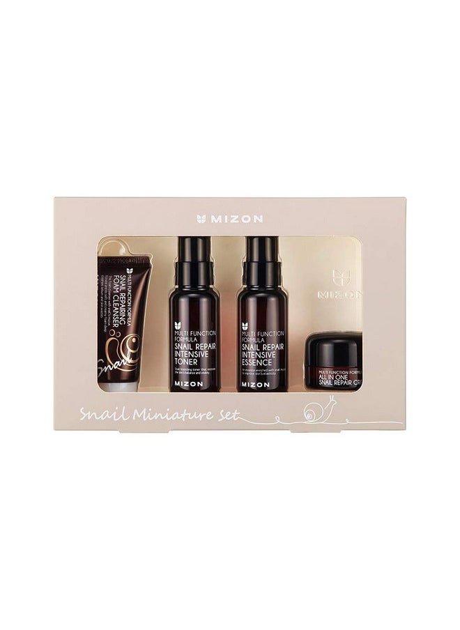 MIZON Snail Line Set, Korean Snail Skincare Essentials Set, Mini Sized Snail Foam Cleanser, Toner, Essence, and All in One Facial Cream to Improve Skin Tone, Fine Wrinkles, Smooth, Moisturize.
