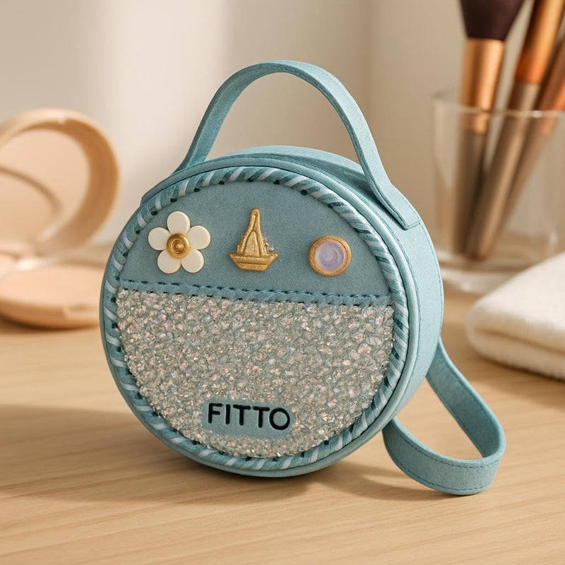 Fitto Small Round Wool Makeup Bag with Handle - Blue Portable Travel Cosmetic Organizer - Image 2
