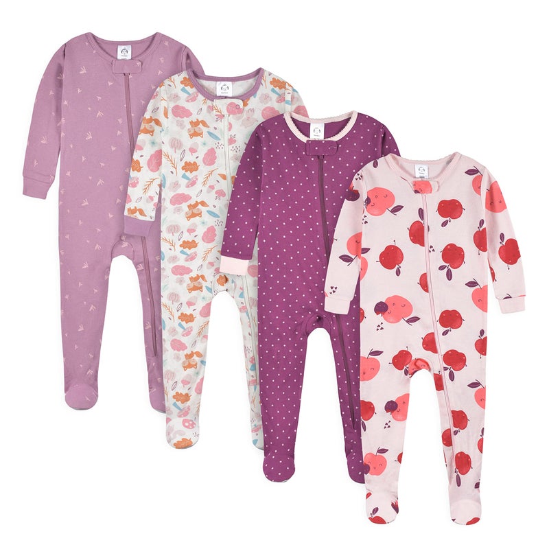 Gerber Baby Girls 4-pack Footed Pajamas And Toddler Sleepers, Apple And Woodland Floral, 9 Months US - Image 1