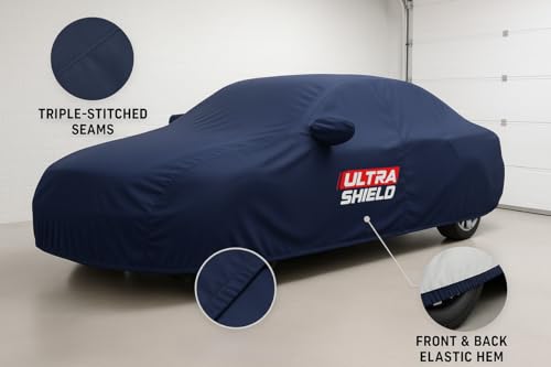 ULTRA SHIELD All Weather Water-Resistant Car Cover for Maruti Suzuki Baleno | Durable Light-Weight Triple-Stitched Fabric, UV Protection, Dust-Proof | Mirror Pockets, Full Elastic | Navy Blue - Image 4